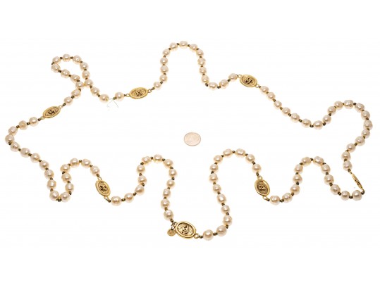 Chanel Faux Pearl And Strung Eternity Necklace With Logo Beads