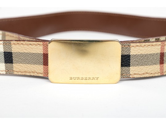 Burberry Classic Plaid Leather Belt With Clamp Buckle Closure, 30/75
