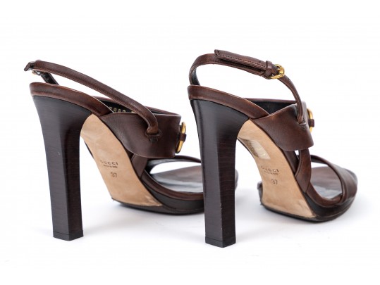 Gucci Striking Brown Bamboo Horsebit Sandals, Size 37