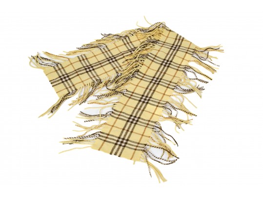 Burberry Cheerful Yellow And Brown Plaid Cashmere Scarf, Fringed Sides