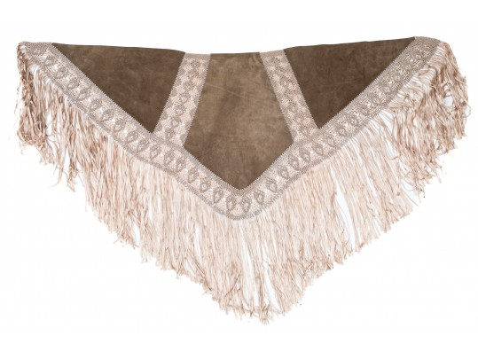 Pretty Beige Suede And Woven Large Triangular Shawl, Fringed, OSFA