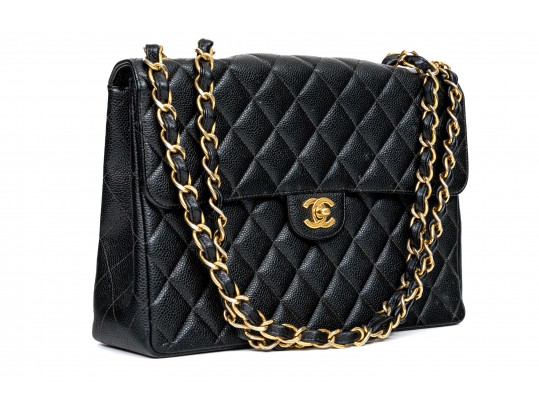 Chanel Vintage Quilted Black Leather Jumbo Flap Handbag With A Chain Strap  #266260
