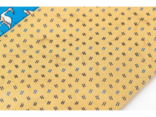 Lot Of Two Assorted Silk Neckties By Hermes, Blue And Yellow Gold Tones