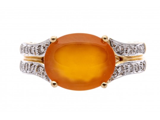 14k Contemporary Oval Cabachon Yellow-Orange Aventurine And Diamond Ring, Size 7