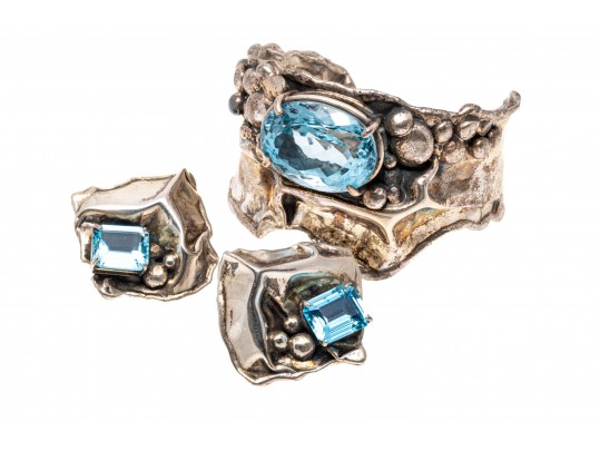 Sterling Cuff Bracelet And Clip Earrings With Abstract Grape Design And Topaz