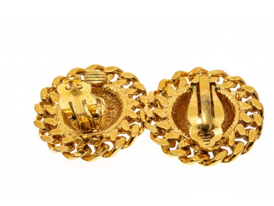 Chanel, France Round Quilted And Chain Motif Gold Tone Costume Earrings