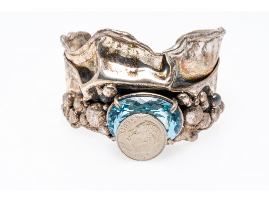 Sterling Cuff Bracelet And Clip Earrings With Abstract Grape Design And Topaz