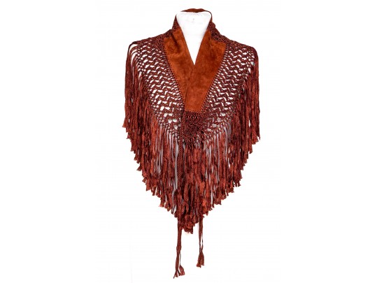 Striking Rust Suede And Woven Short Fringed Shawl, OSFA
