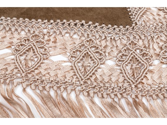 Pretty Beige Suede And Woven Large Triangular Shawl, Fringed, OSFA
