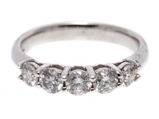 14k White Gold Classic Five Stone Diamond Band Ring, App. 0.80 TCW, Size 5.75