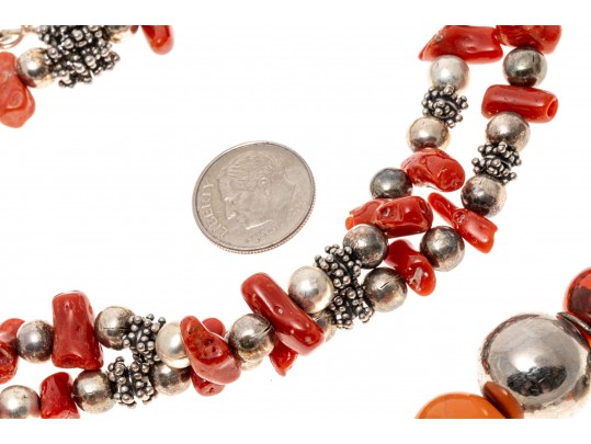 Carnelian And Coral Strung Beaded Necklaces