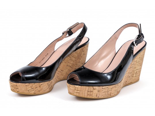 Stuart Weitzman Fun Black Patent Leather Peep Toe Cork Platform Wedges, Size 6 1/2