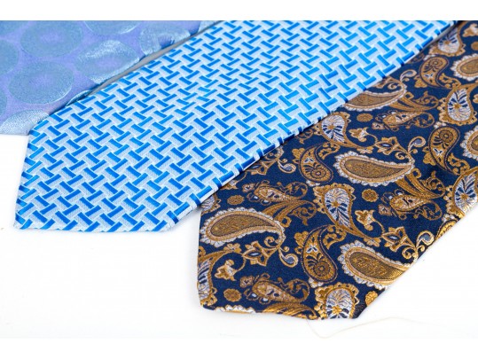 Lot Of Eight Neckties, Assorted Makers, Predominantly Blue Tones