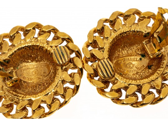Chanel, France Round Quilted And Chain Motif Gold Tone Costume Earrings