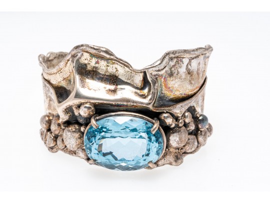 Sterling Cuff Bracelet And Clip Earrings With Abstract Grape Design And Topaz