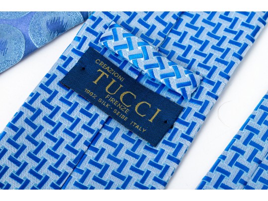 Lot Of Eight Neckties, Assorted Makers, Predominantly Blue Tones