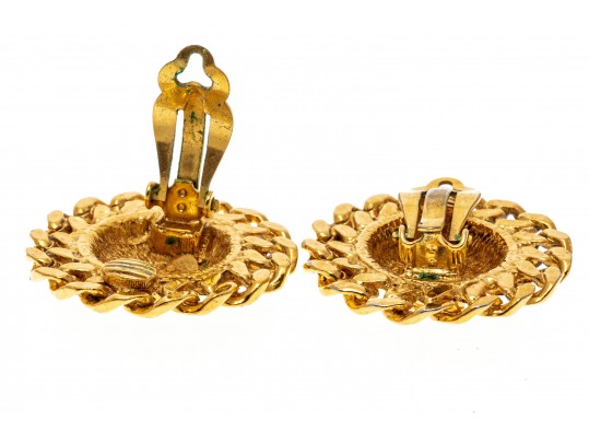 Chanel, France Round Quilted And Chain Motif Gold Tone Costume Earrings