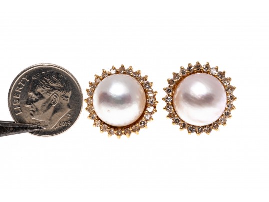 14k Yellow Gold Classic Cultured Mabe Pearl And Diamond Earrings, App. 0.72 TCW