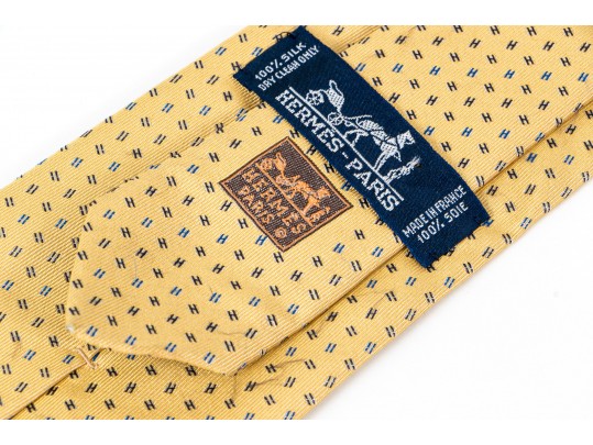 Lot Of Two Assorted Silk Neckties By Hermes, Blue And Yellow Gold Tones