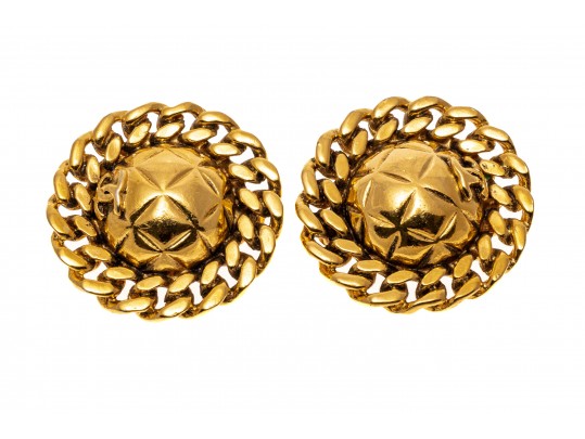 Chanel, France Round Quilted And Chain Motif Gold Tone Costume Earrings