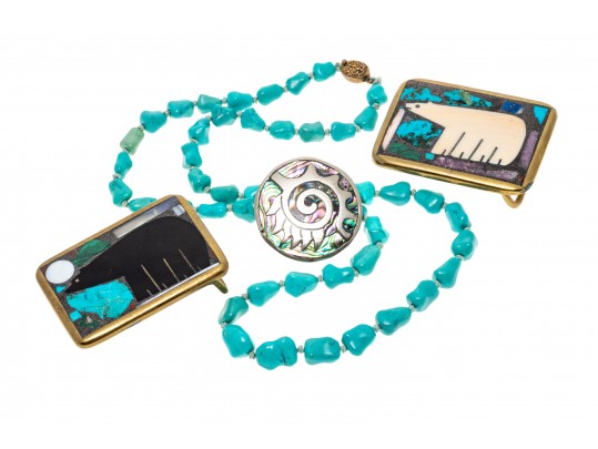 Bear Inlay Belt Buckles, Howlite Necklace And Abalone Brooch/ Pendant