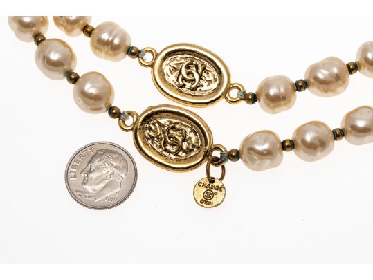 Chanel Faux Pearl And Strung Eternity Necklace With Logo Beads