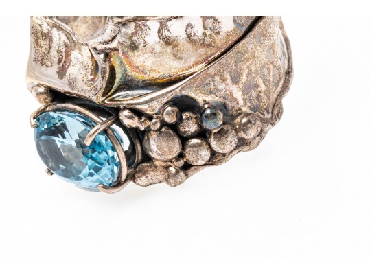 Sterling Cuff Bracelet And Clip Earrings With Abstract Grape Design And Topaz