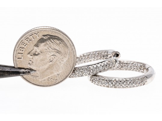 14k White Gold Beautiful Contemporary Pave Diamond Hoop Earrings, App. 0.41 TCW