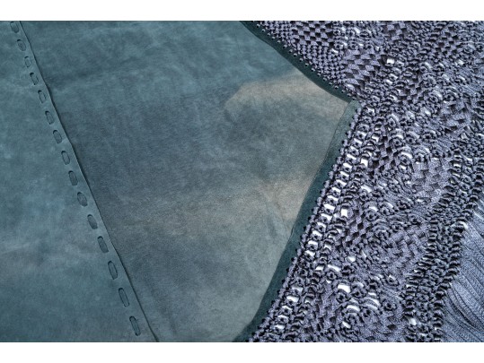 Lovely Grey Suede And Woven Large Triangular Shawl, Fringed, OSFA