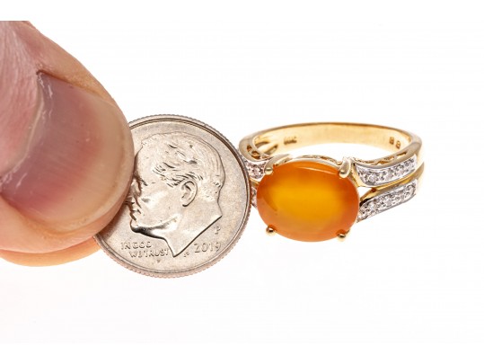 14k Contemporary Oval Cabachon Yellow-Orange Aventurine And Diamond Ring, Size 7