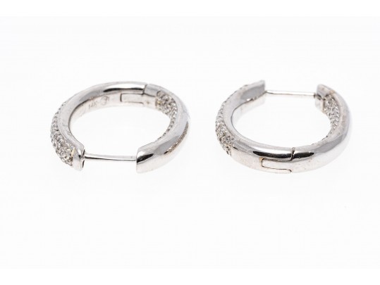 14k White Gold Beautiful Contemporary Pave Diamond Hoop Earrings, App. 0.41 TCW