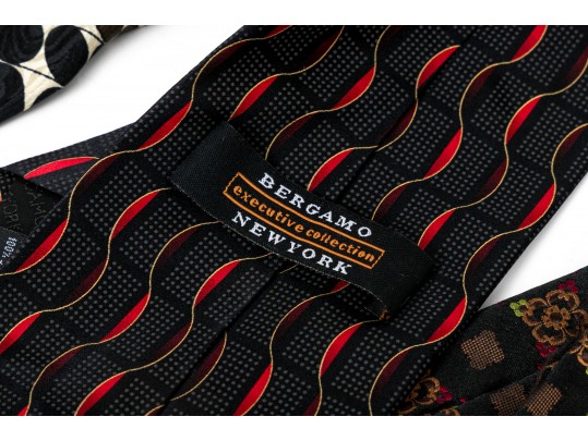 Lot Of Seven 100% Silk Neckties, Assorted Makers, Predominantly Black Tones