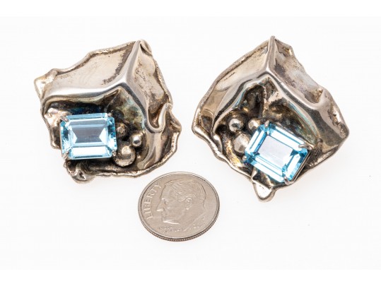 Sterling Cuff Bracelet And Clip Earrings With Abstract Grape Design And Topaz