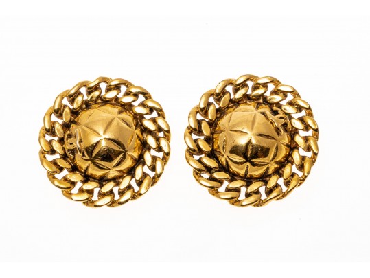 Chanel, France Round Quilted And Chain Motif Gold Tone Costume Earrings
