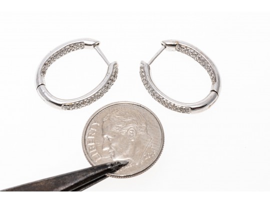 14k White Gold Beautiful Contemporary Pave Diamond Hoop Earrings, App. 0.41 TCW