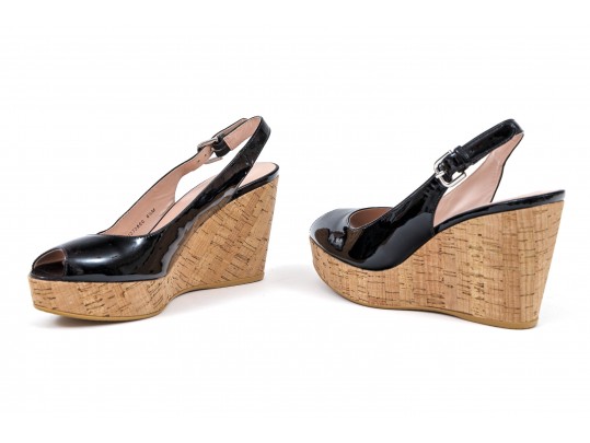 Stuart Weitzman Fun Black Patent Leather Peep Toe Cork Platform Wedges, Size 6 1/2