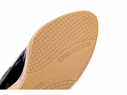 Stuart Weitzman Fun Black Patent Leather Peep Toe Cork Platform Wedges, Size 6 1/2