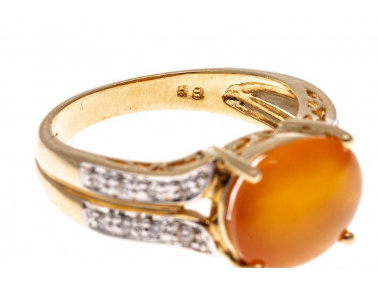 14k Contemporary Oval Cabachon Yellow-Orange Aventurine And Diamond Ring, Size 7