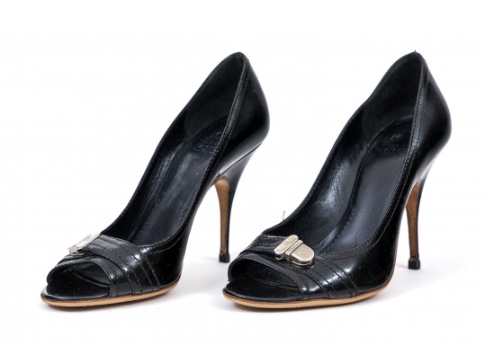 Givenchy Wonderful Black Patent Leather Peep Toe Stiletto Pumps, Size 37 1/2