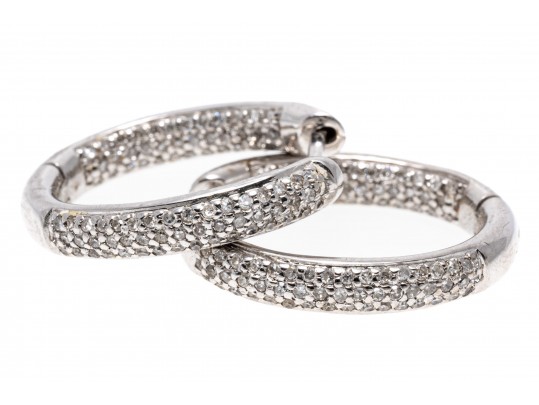 14k White Gold Beautiful Contemporary Pave Diamond Hoop Earrings, App. 0.41 TCW