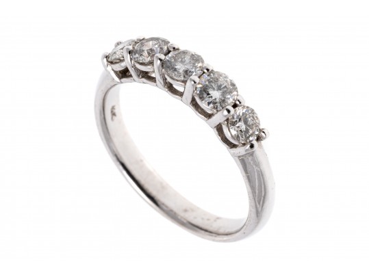 14k White Gold Classic Five Stone Diamond Band Ring, App. 0.80 TCW, Size 5.75