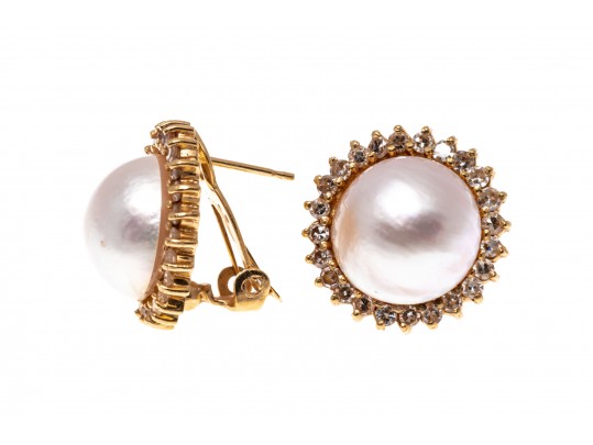 14k Yellow Gold Classic Cultured Mabe Pearl And Diamond Earrings, App. 0.72 TCW