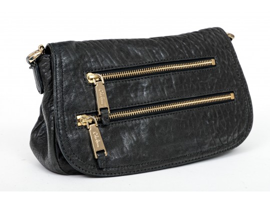 Cole Haan Pebbled Black Leather Flap Bag, Zip Pockets