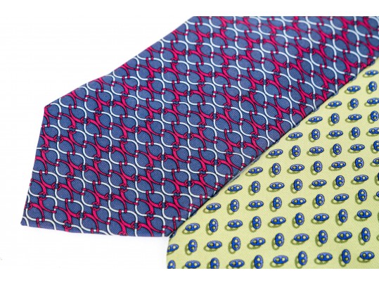 Lot Of Two Assorted Hermes Silk Neckties, Green And Grey Purple Tones