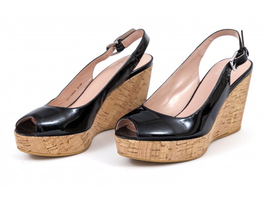 Stuart Weitzman Fun Black Patent Leather Peep Toe Cork Platform Wedges, Size 6 1/2