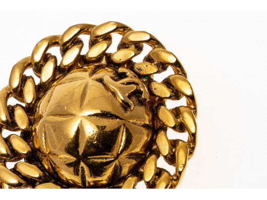 Chanel, France Round Quilted And Chain Motif Gold Tone Costume Earrings