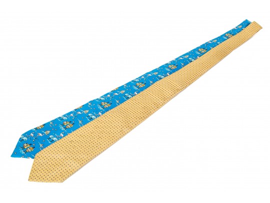 Lot Of Two Assorted Silk Neckties By Hermes, Blue And Yellow Gold Tones