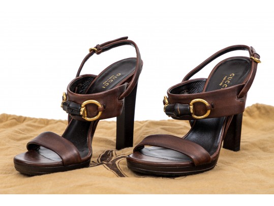 Gucci Striking Brown Bamboo Horsebit Sandals, Size 37