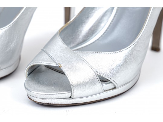 Sergio Rossi Fabulous Silver Metallic Peep Toe Slingbacks, Size 37