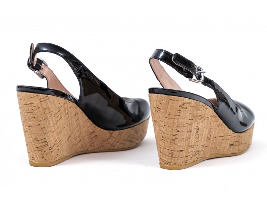 Stuart Weitzman Fun Black Patent Leather Peep Toe Cork Platform Wedges, Size 6 1/2